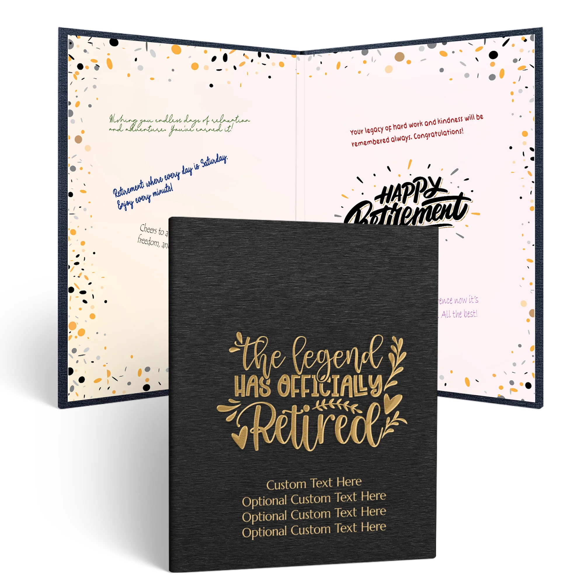 Black Personalized Guest Book for Retirement Party with gold “The Legend Has Officially Retired” design on the cover, displayed open with confetti-style pages for guests to write messages and well wishes.